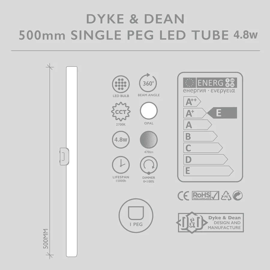 LED OPAL GLAS RØR PEG Pære 6W 500MM DYKE & DEAN