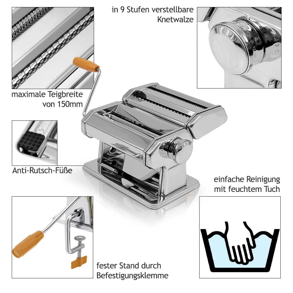 Manuel pastamaskine rustfrit metal 9 diff. dejtykkelser, sølvfarvet