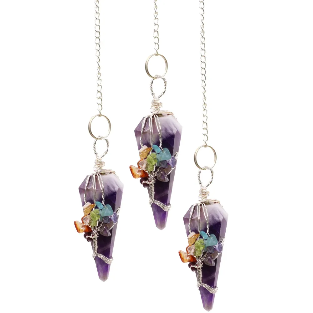 Ametyst krystal pendul med syv chakra perler