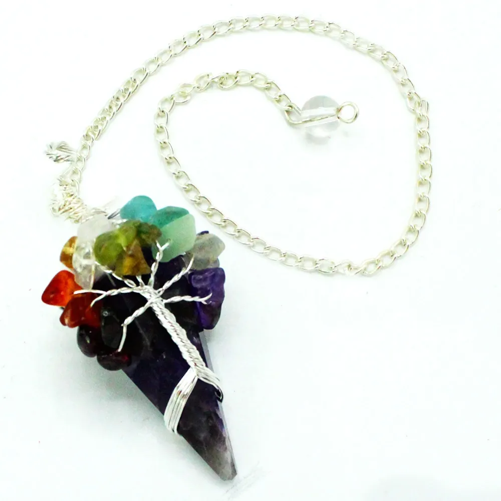 Ametyst krystal pendul med syv chakra perler