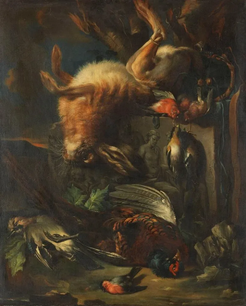 Jagttavle af død natur med en hare og fugle - Franz Werner von Tamm | Kunsttryk Source: Tableau Nature morte de chasse ave...
