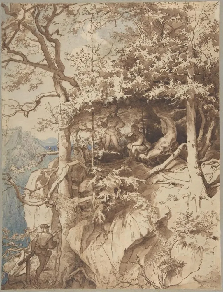Kunsttryk Jægere i et perspektiv over et bjerg - August Leopold Venus