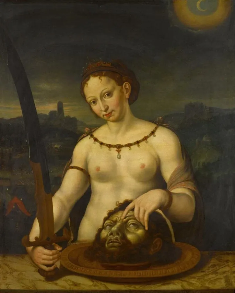 Kunsttryk Judith med Holofernes' hoved, slaget mellem assyrerne og israelitterne ved Bethuli - Bayersk skole