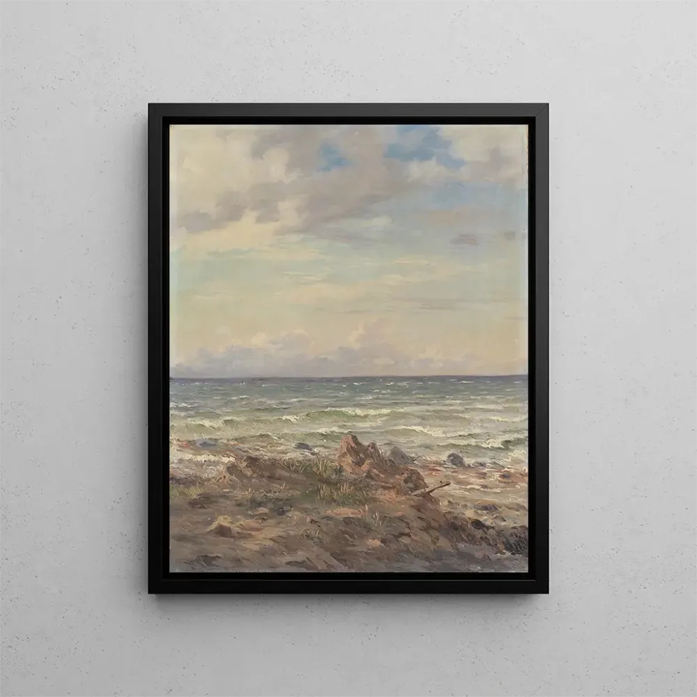 Kunsttryk af kystsektion med klippefyldt strand - August Wilhelm Boesen | Kunsttryk
