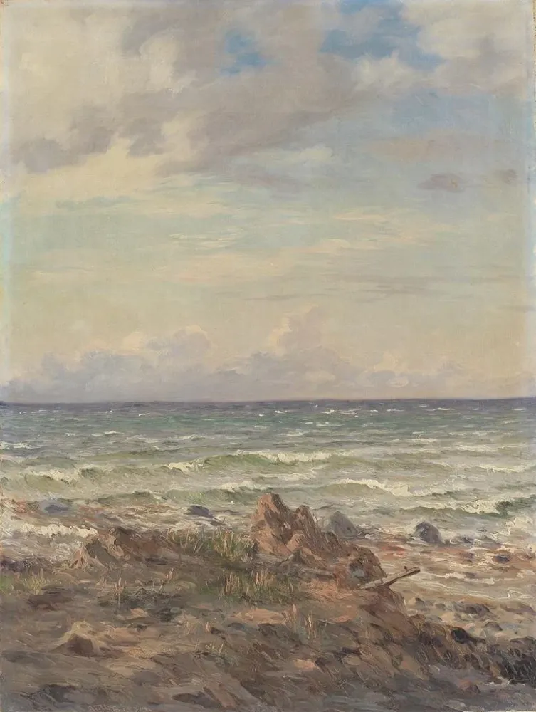 Kunsttryk af kystsektion med klippefyldt strand - August Wilhelm Boesen | Kunsttryk