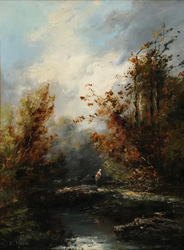 Kunsttryk Landskab med vandløb og bonde - Auguste Rigon | Kunsttryk