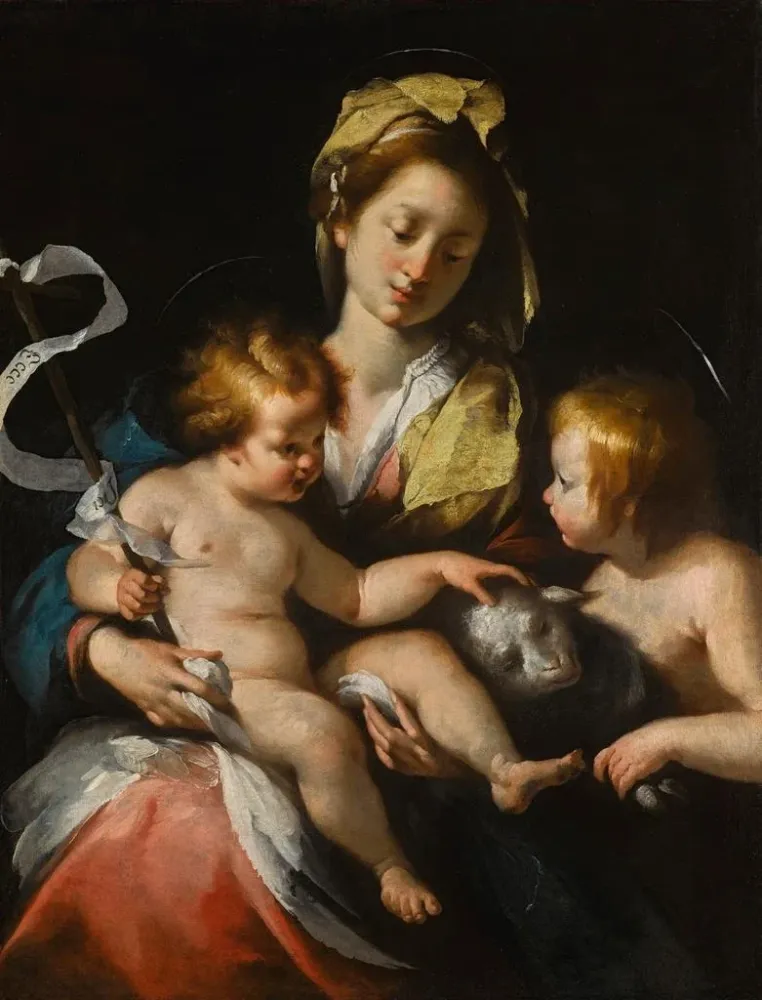 Kunsttryk af maleri La Vierge à l'Enfant avec le petit saint Jean-Baptiste - Bernardo Strozzi
