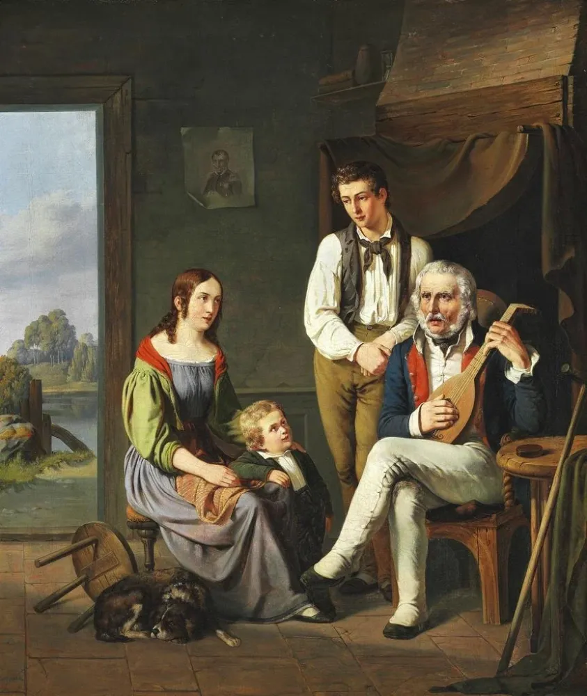 Kunsttryk En mand er kommet hjem fortæller om sin rejse - August Thomsen | Kunsttryk