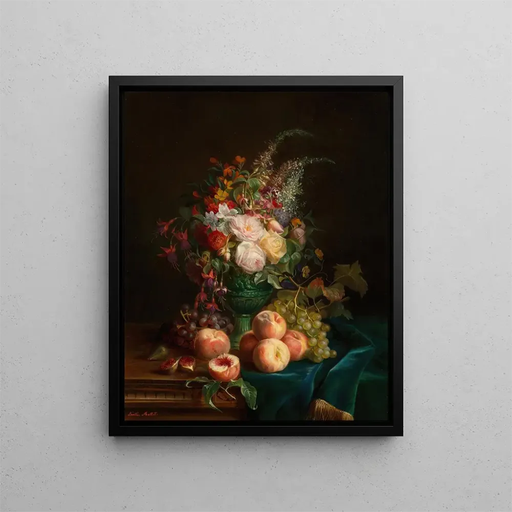 Kunsttryk af naturtro maleri med blomster og ferskner - Aurélie Léontine Malbet