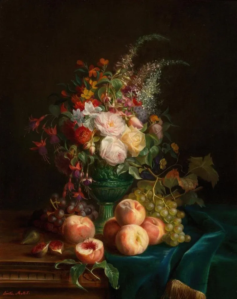 Kunsttryk af naturtro maleri med blomster og ferskner - Aurélie Léontine Malbet