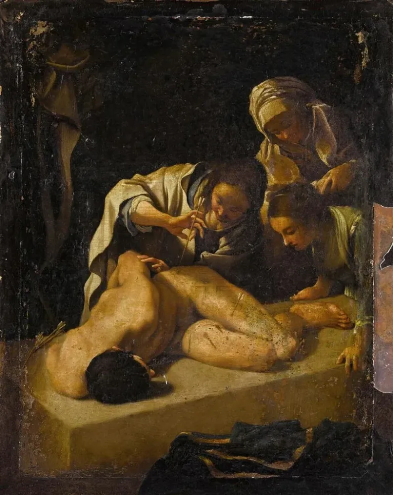 Kunsttryk af Sainte Irène, der plejer Saint Sébastien - Bartolomeo Schedoni
