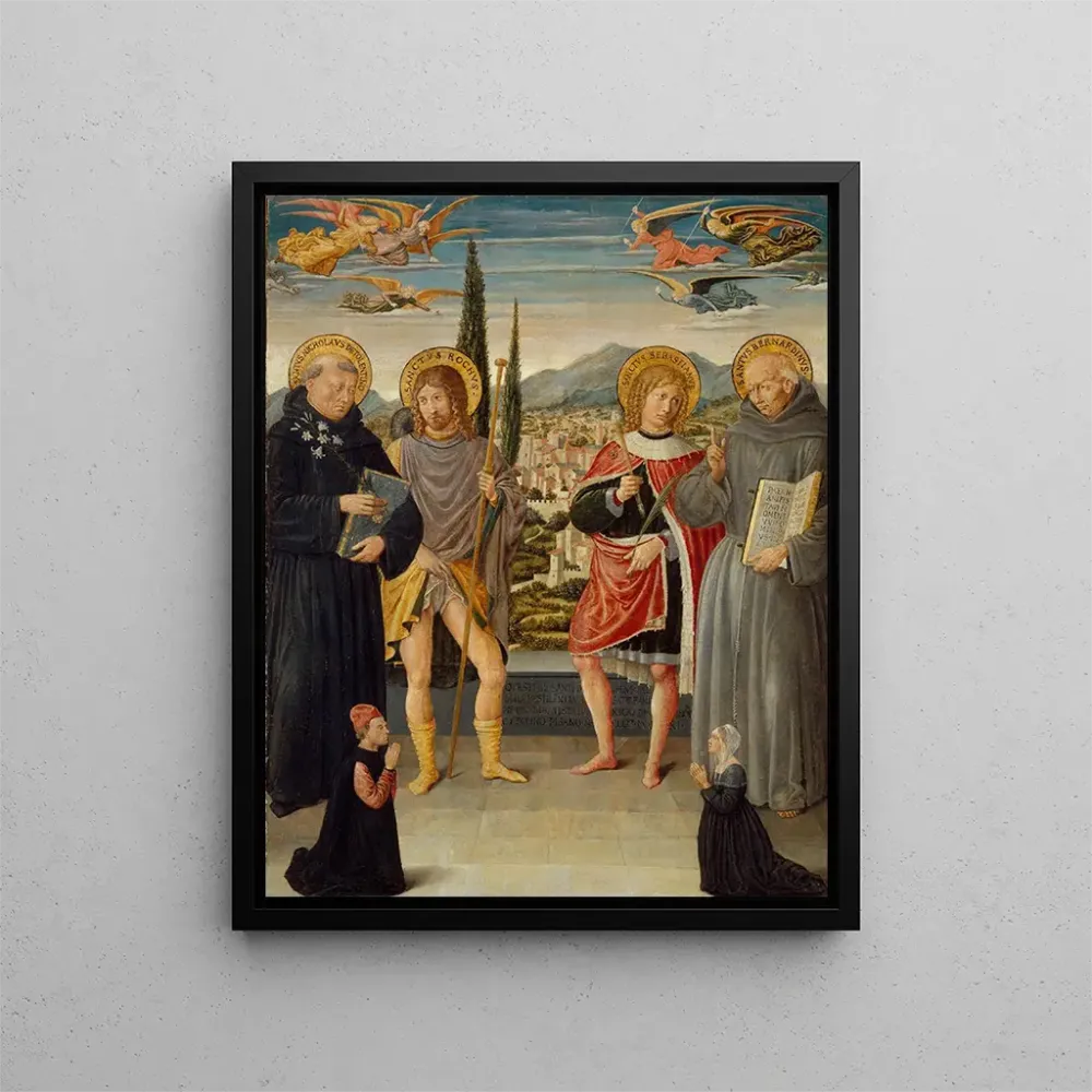 Kunsttryk af Sankt Nikolaus af Tolentino, Roch Sebastiaan og Bernardin af Siena med knælende donorer - Benozzo Gozzoli