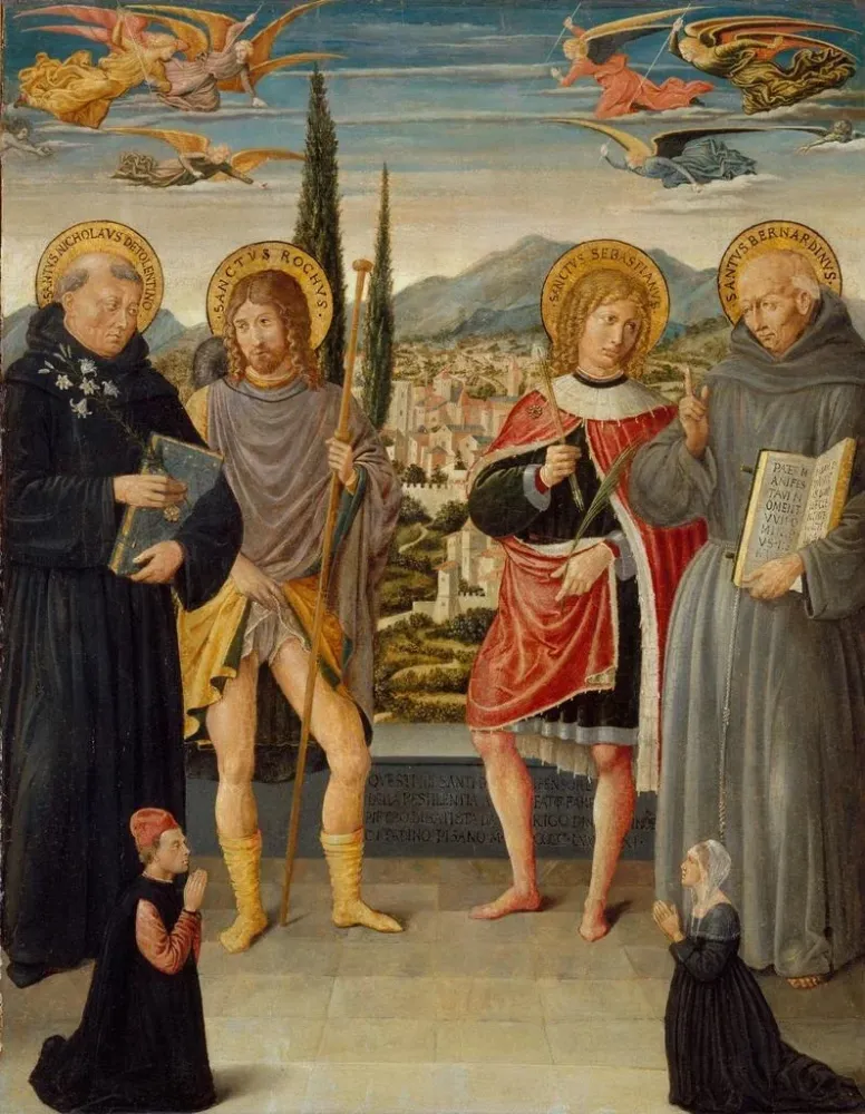 Kunsttryk af Sankt Nikolaus af Tolentino, Roch Sebastiaan og Bernardin af Siena med knælende donorer - Benozzo Gozzoli