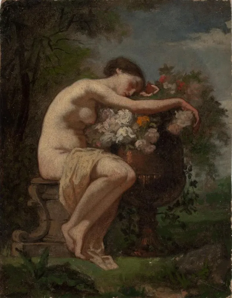 Kunsttryk Studie af en nymfe ved siden af en blomsterurn - August Jernberg | Kunsttryk