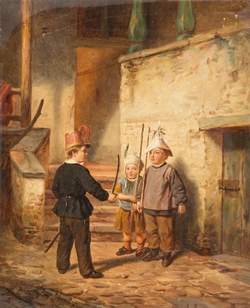 Maleri Børn, der leger soldater - Auguste Bachelin | Kunsttryk