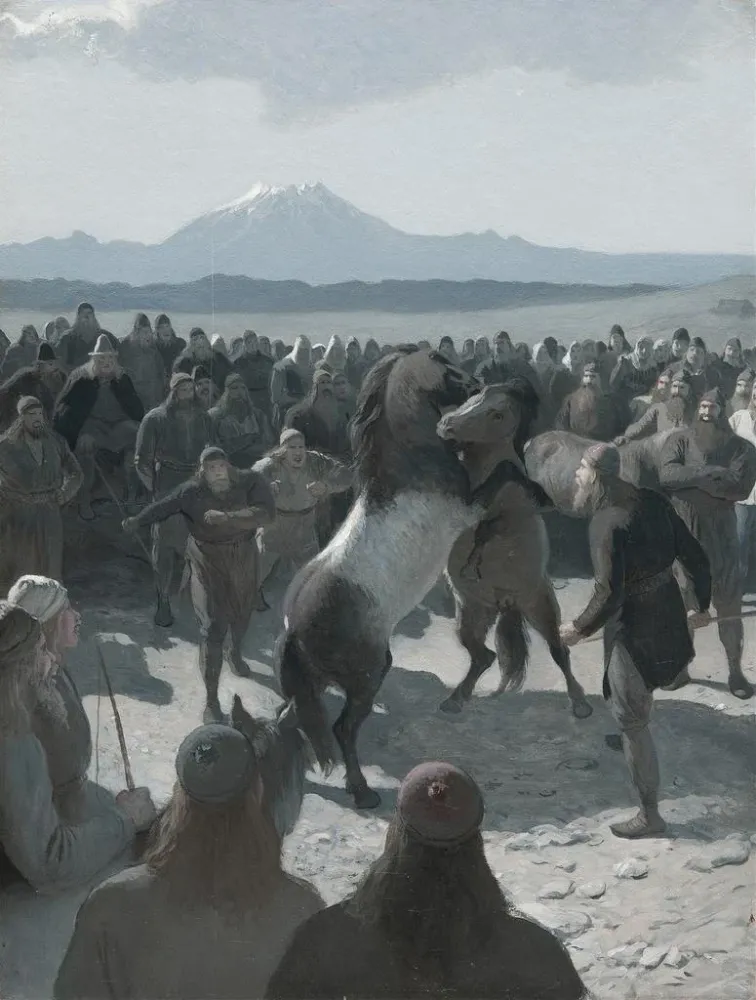 Maleri Le combat de chevaux à Hlidarendi - August Malmström | Kunsttryk