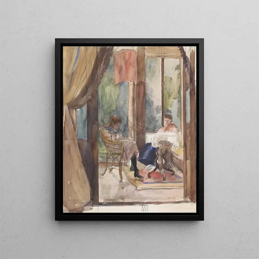 Maleri En dame og en ung pige læser begge i verandaen i huset på 6 Riouwstraat i Haag - Barbara Elisabeth van Houten