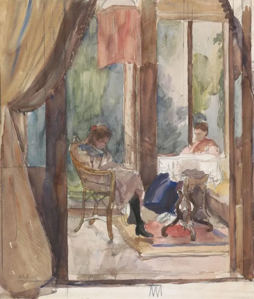 Maleri En dame og en ung pige læser begge i verandaen i huset på 6 Riouwstraat i Haag - Barbara Elisabeth van Houten