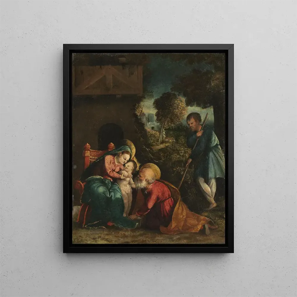 Maleri af Den Hellige Familie med en hyrde - Battista Dossi