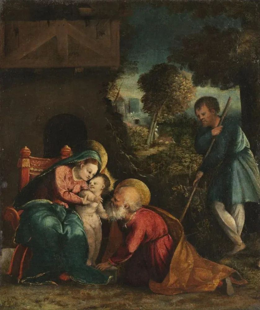 Maleri af Den Hellige Familie med en hyrde - Battista Dossi