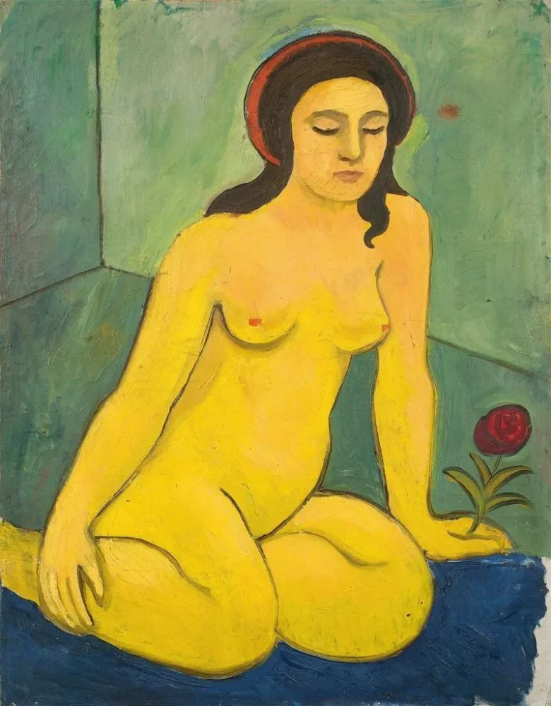Maleri af en nøgne pige med en rød blomst - August Macke | Kunsttryk