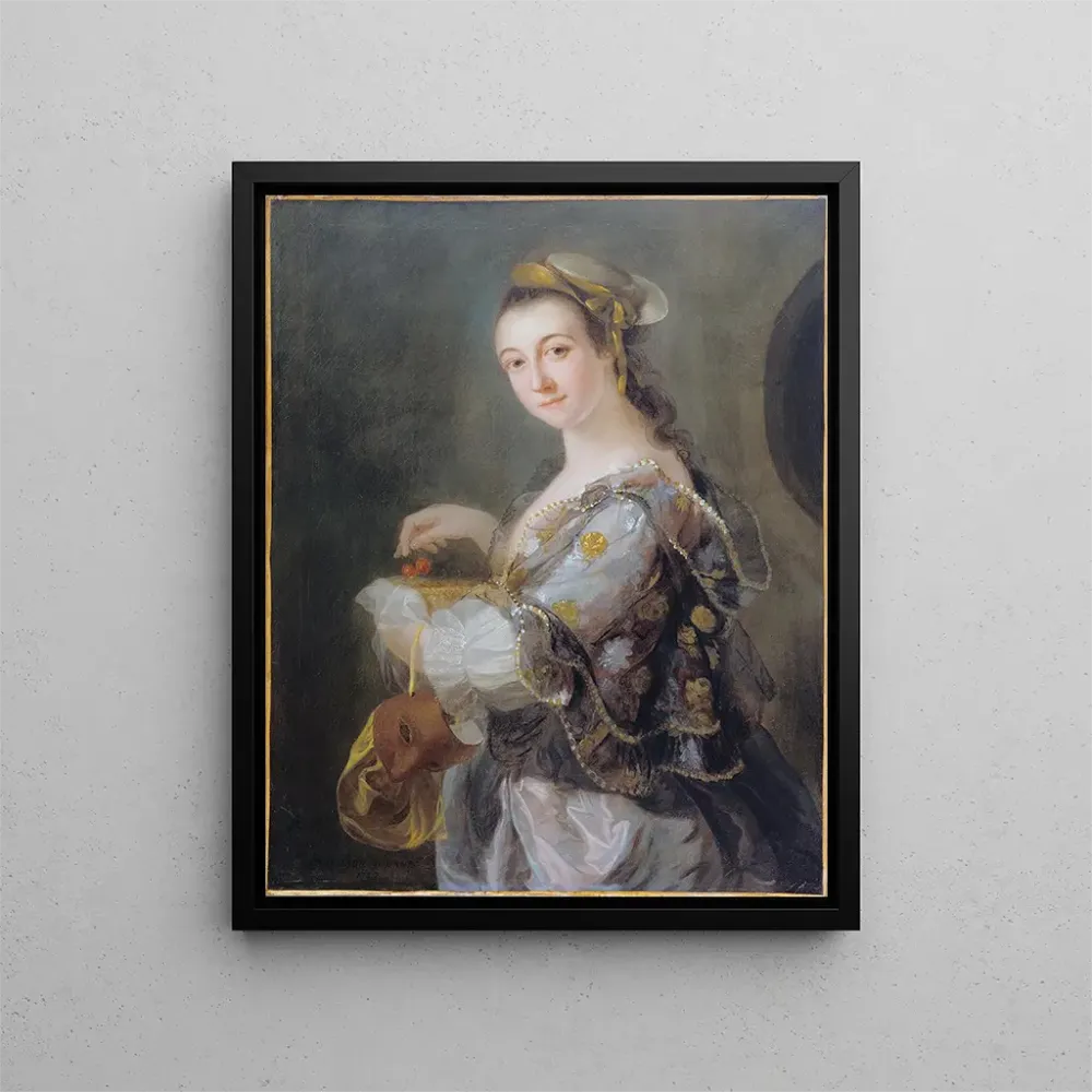 Maleri Portræt af en dame med maske og kirsebær - Benjamin Wilson | Kunsttryk