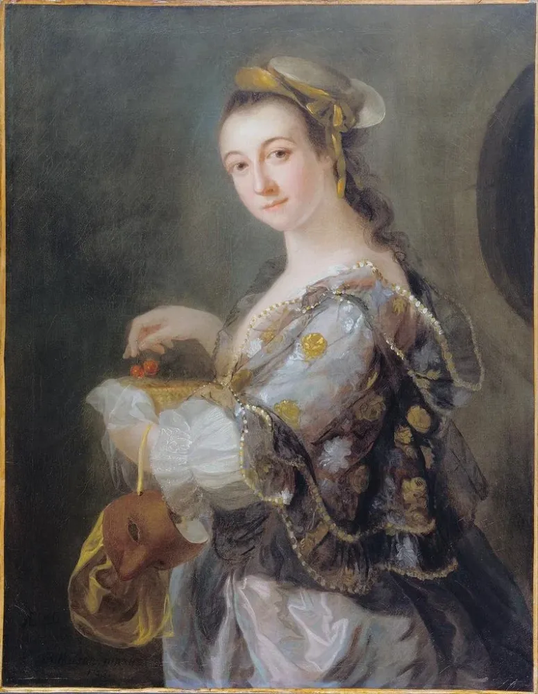 Maleri Portræt af en dame med maske og kirsebær - Benjamin Wilson | Kunsttryk