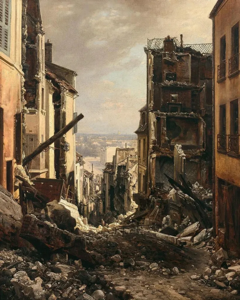 Maleri La Rue Royale à Saint - Cloud efter branden - Charles Euphrasie Kuwasseg