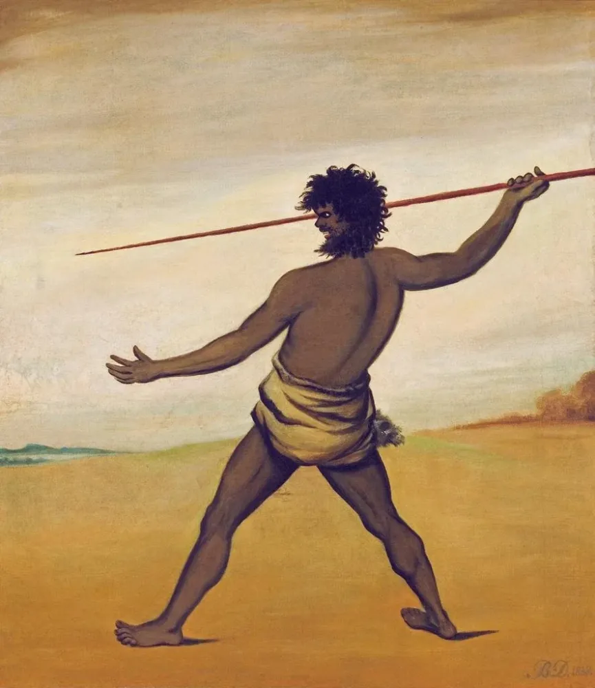 Timmy-maleri, en aboriginer fra Tasmanien, kaster en spyd - Benjamin Duterrau | Kunsttryk