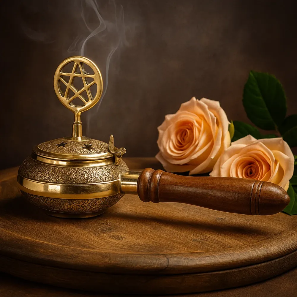 Messing Pentagram Røgelsesbrænder med Træhåndtag