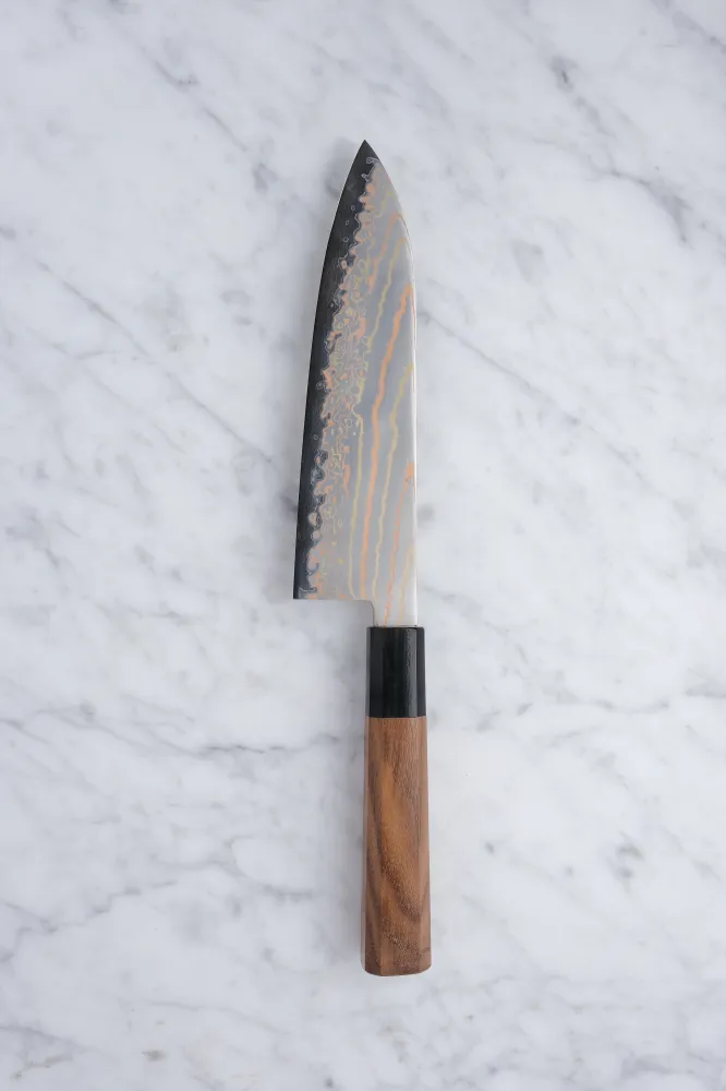 Hatsukokoro Hayabusa Rainbow Damascus - 180 mm Santoku