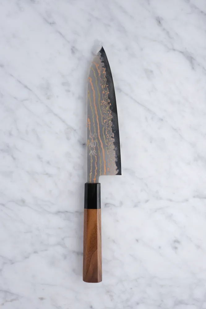 Hatsukokoro Hayabusa Rainbow Damascus - 180 mm Santoku