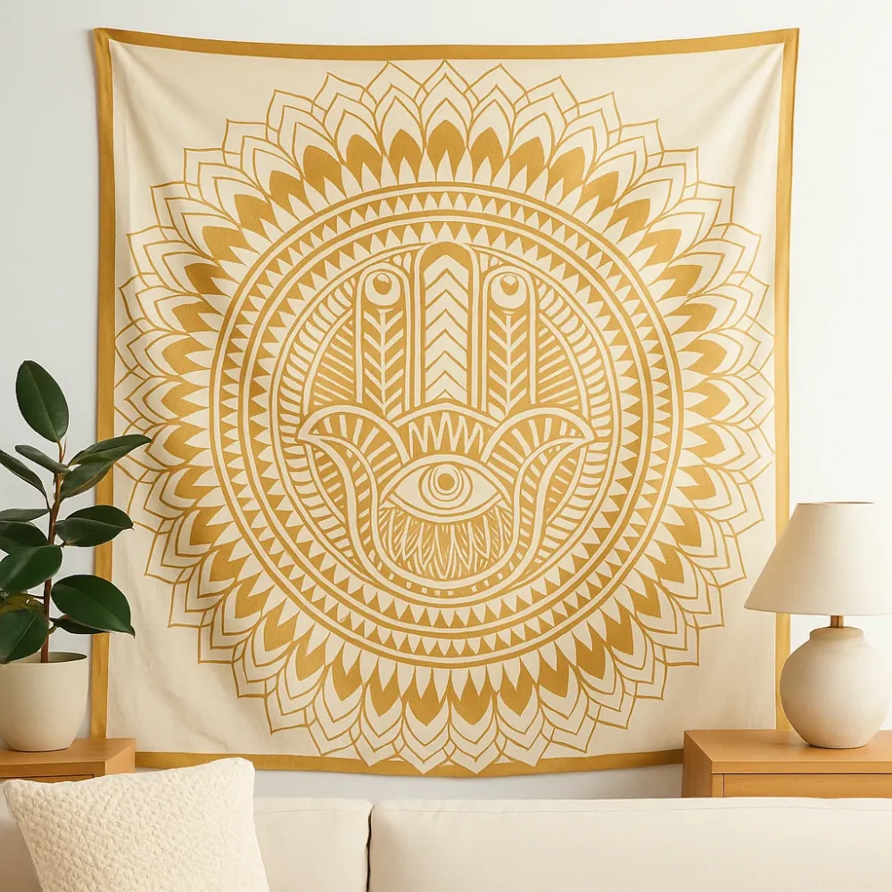 Bomulds Sengetæppe Gobelin Dobbel, Hamsa Mandala Hvid Guld