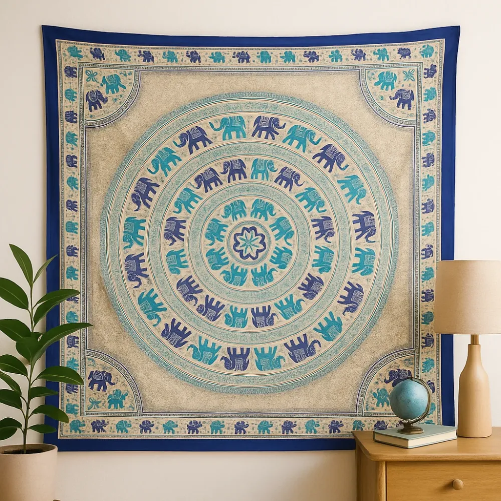 Elefant Mandala Gobelin Væghængt Sengetæppe Blå