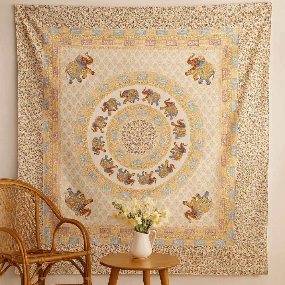 Elefant Mandala Vægophæng Tæppe, Brun Orange Creme