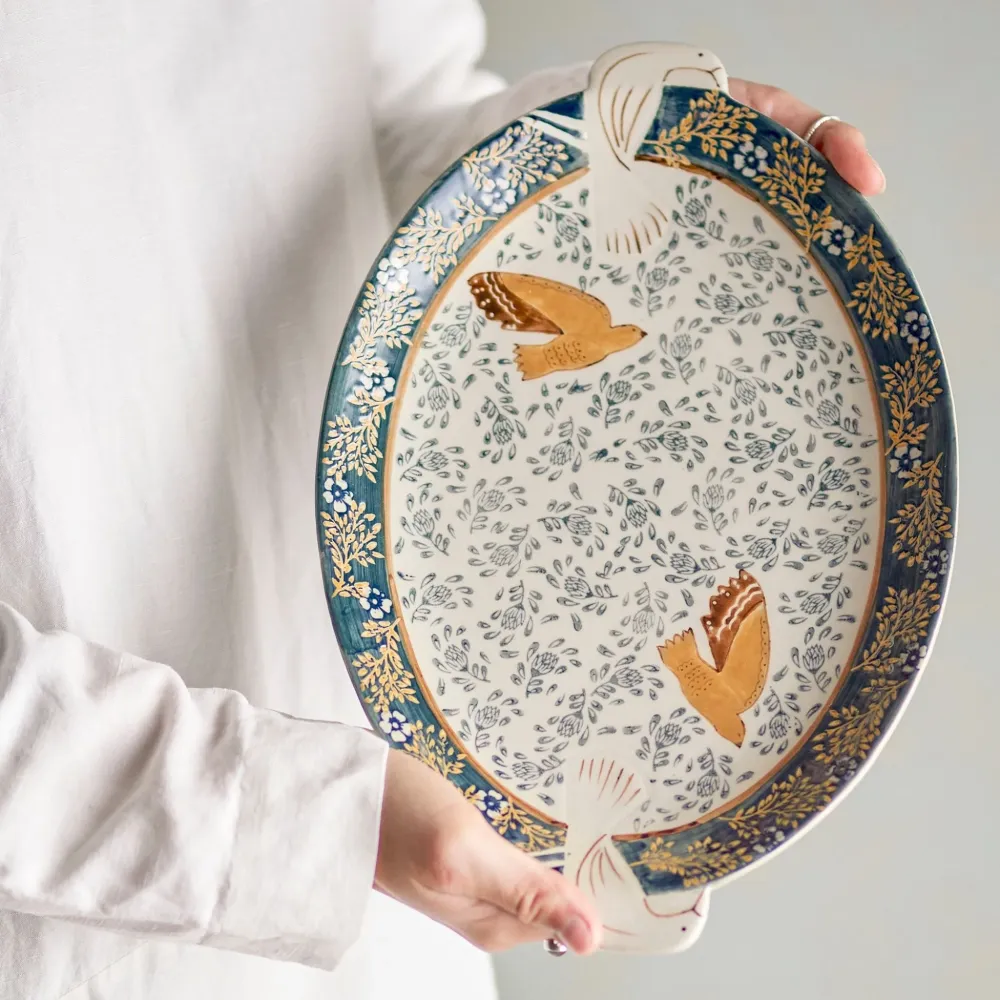 Serveringsfad i stentøj - Fuglemotiv - Bloomingville