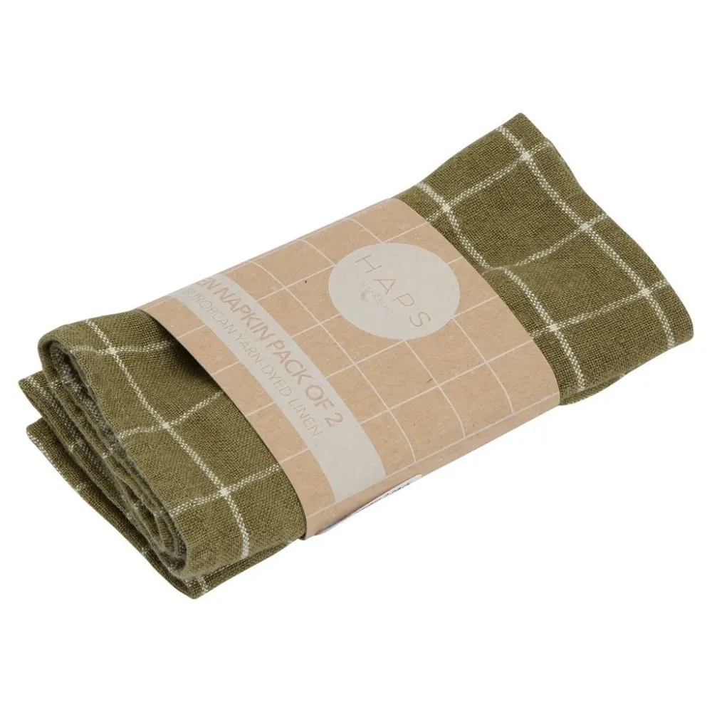 Servietter af europæisk hør fra Haps Nordic, Olive Check, 2 stk