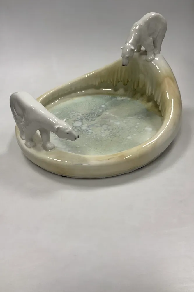 Stor Royal Copenhagen Art Nouveau Krystal Glasur Skål med Isbjørne designet af Arnold Krog og Glasur af Søren Berg "Nordpo...