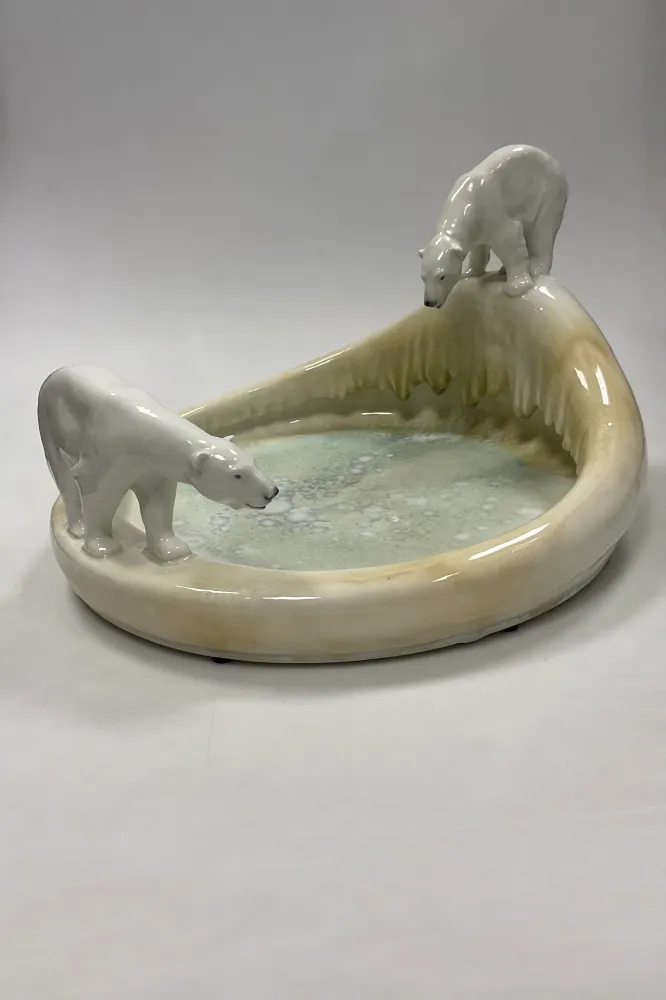 Stor Royal Copenhagen Art Nouveau Krystal Glasur Skål med Isbjørne designet af Arnold Krog og Glasur af Søren Berg "Nordpo...