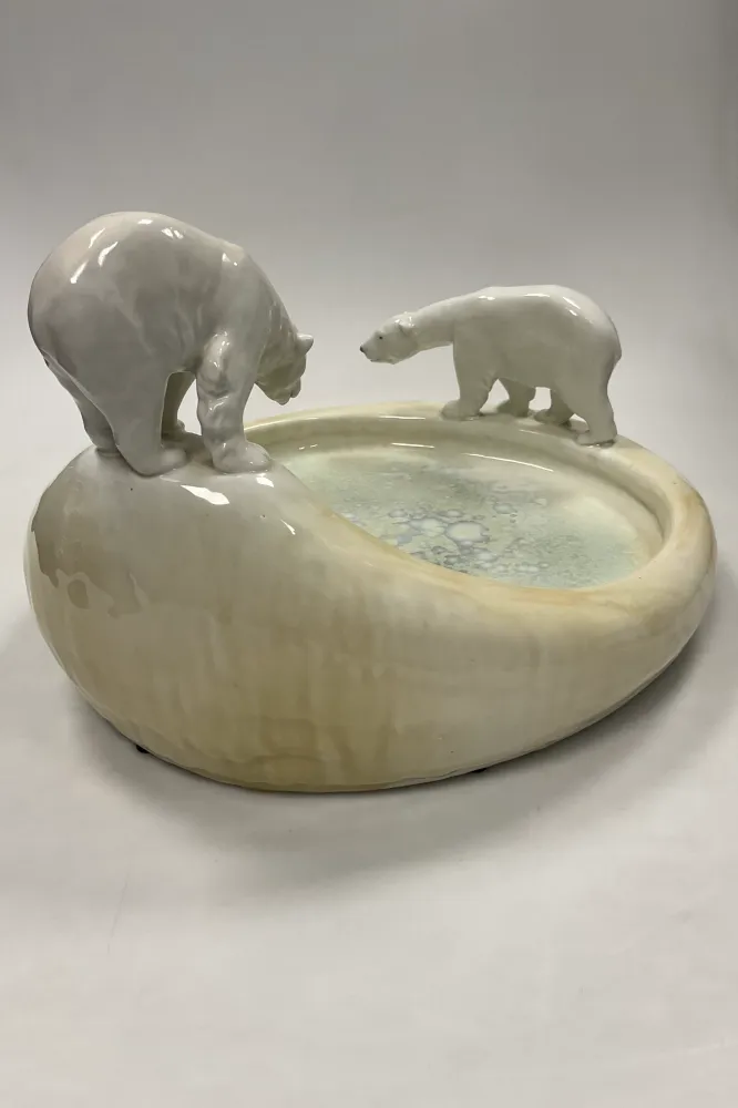 Stor Royal Copenhagen Art Nouveau Krystal Glasur Skål med Isbjørne designet af Arnold Krog og Glasur af Søren Berg "Nordpo...