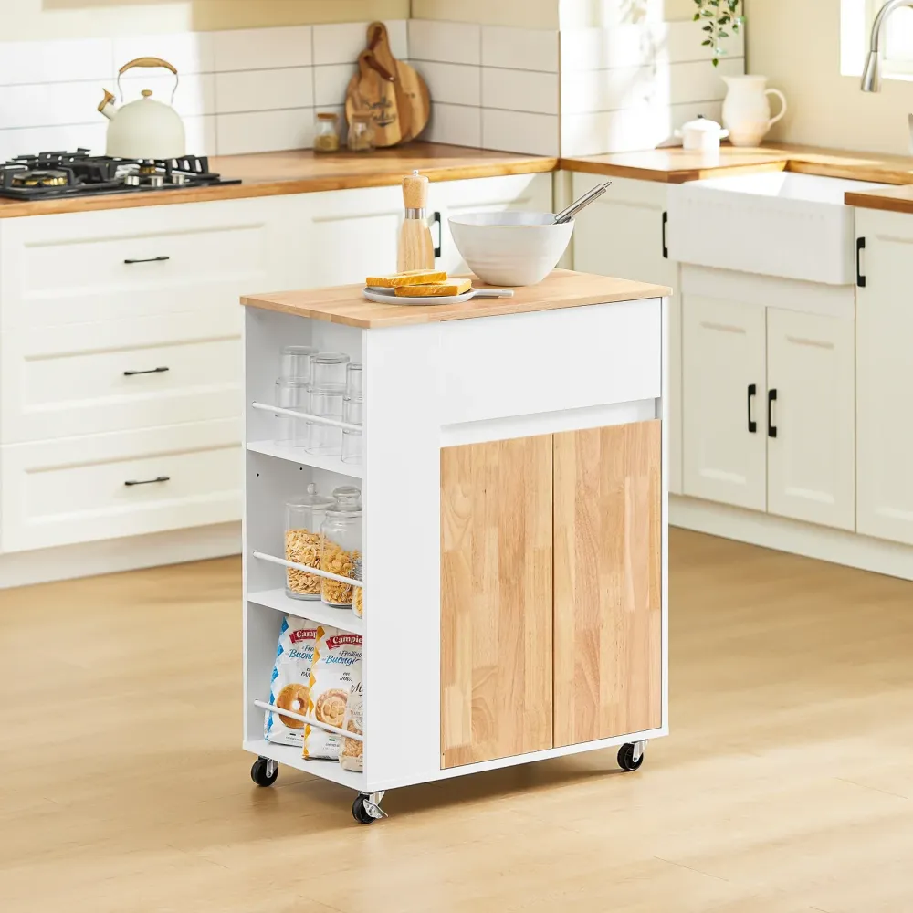 Køkkenvogn på hjul med arbejdsflade i gummitræ – robust og stabil køkkenmøbel, ivory, mål 70 x 40 x 90 cm, lastkapacitet 6...