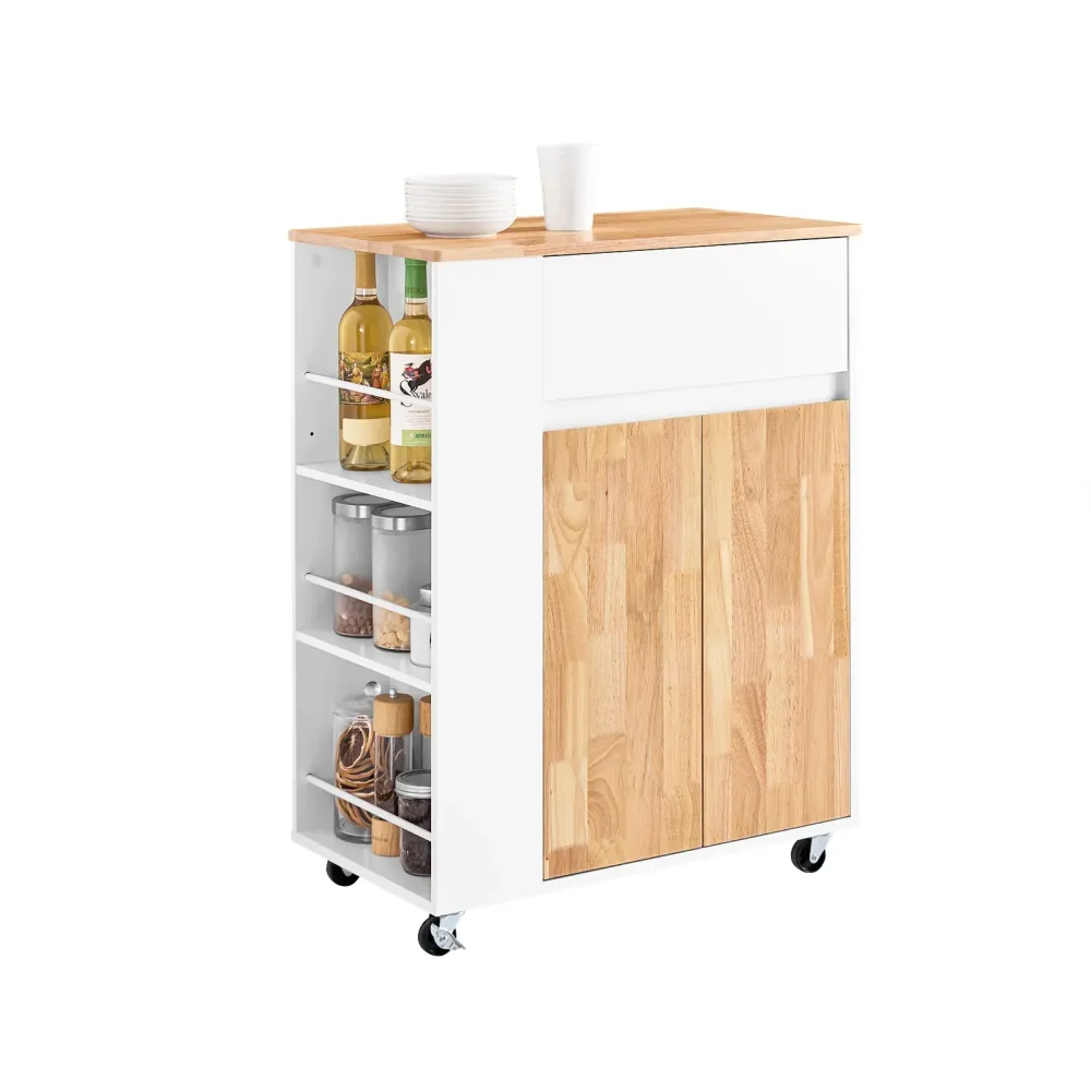 Køkkenvogn på hjul med arbejdsflade i gummitræ – robust og stabil køkkenmøbel, ivory, mål 70 x 40 x 90 cm, lastkapacitet 6...