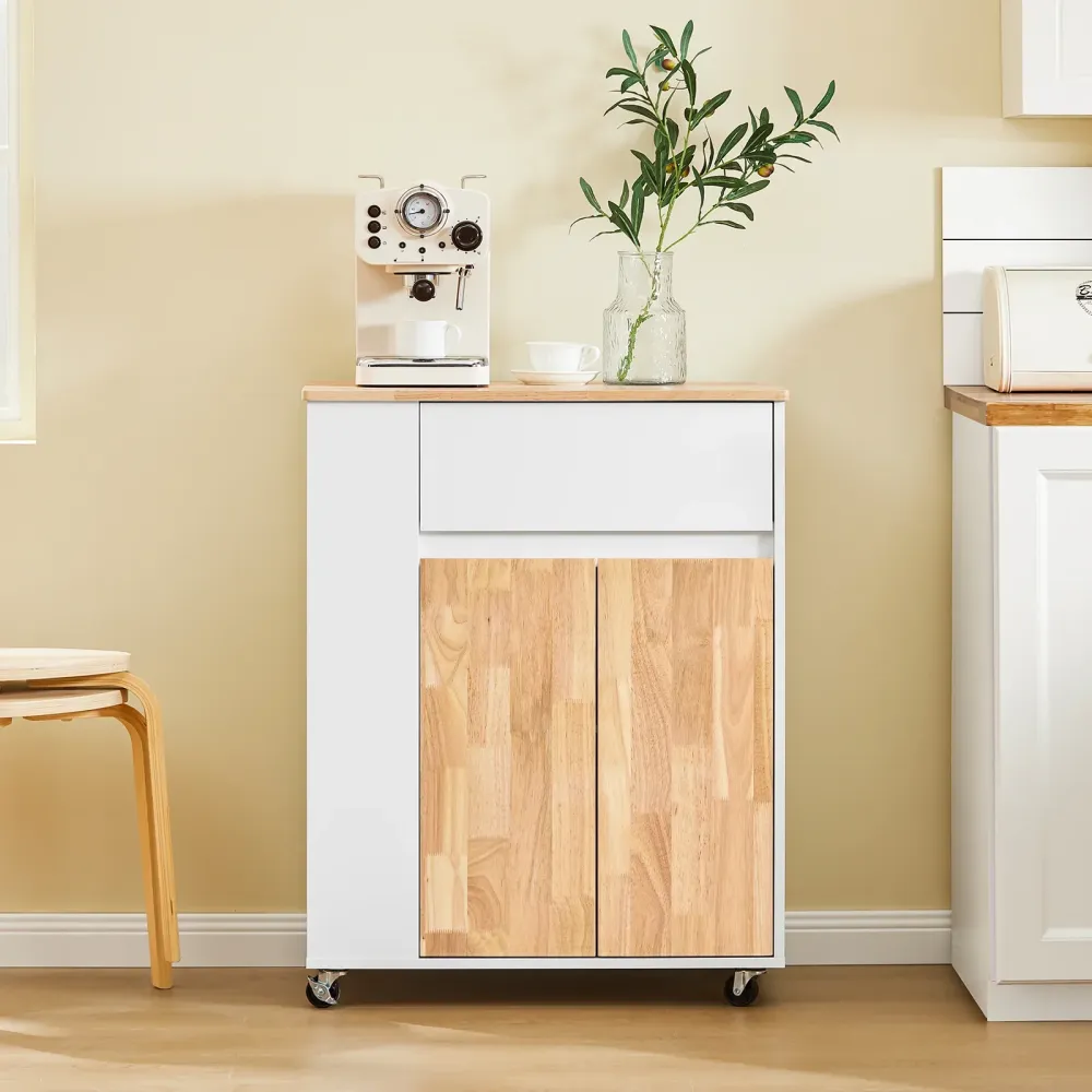 Køkkenvogn på hjul med arbejdsflade i gummitræ – robust og stabil køkkenmøbel, ivory, mål 70 x 40 x 90 cm, lastkapacitet 6...