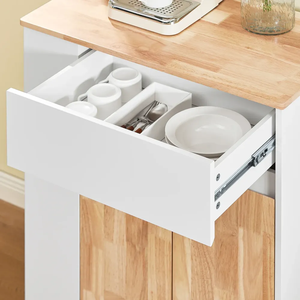 Køkkenvogn på hjul med arbejdsflade i gummitræ – robust og stabil køkkenmøbel, ivory, mål 70 x 40 x 90 cm, lastkapacitet 6...