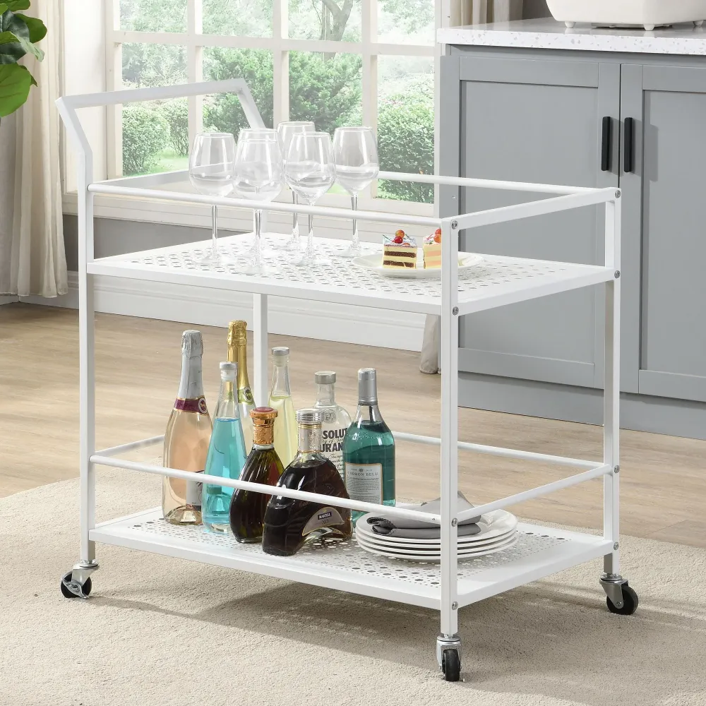 Serveringsvogn i metal, pearl, 79x45x83 cm, med hjul og bremser, køkkenvogn med 2 hylder, barvogn og rullebord, multifunkt...