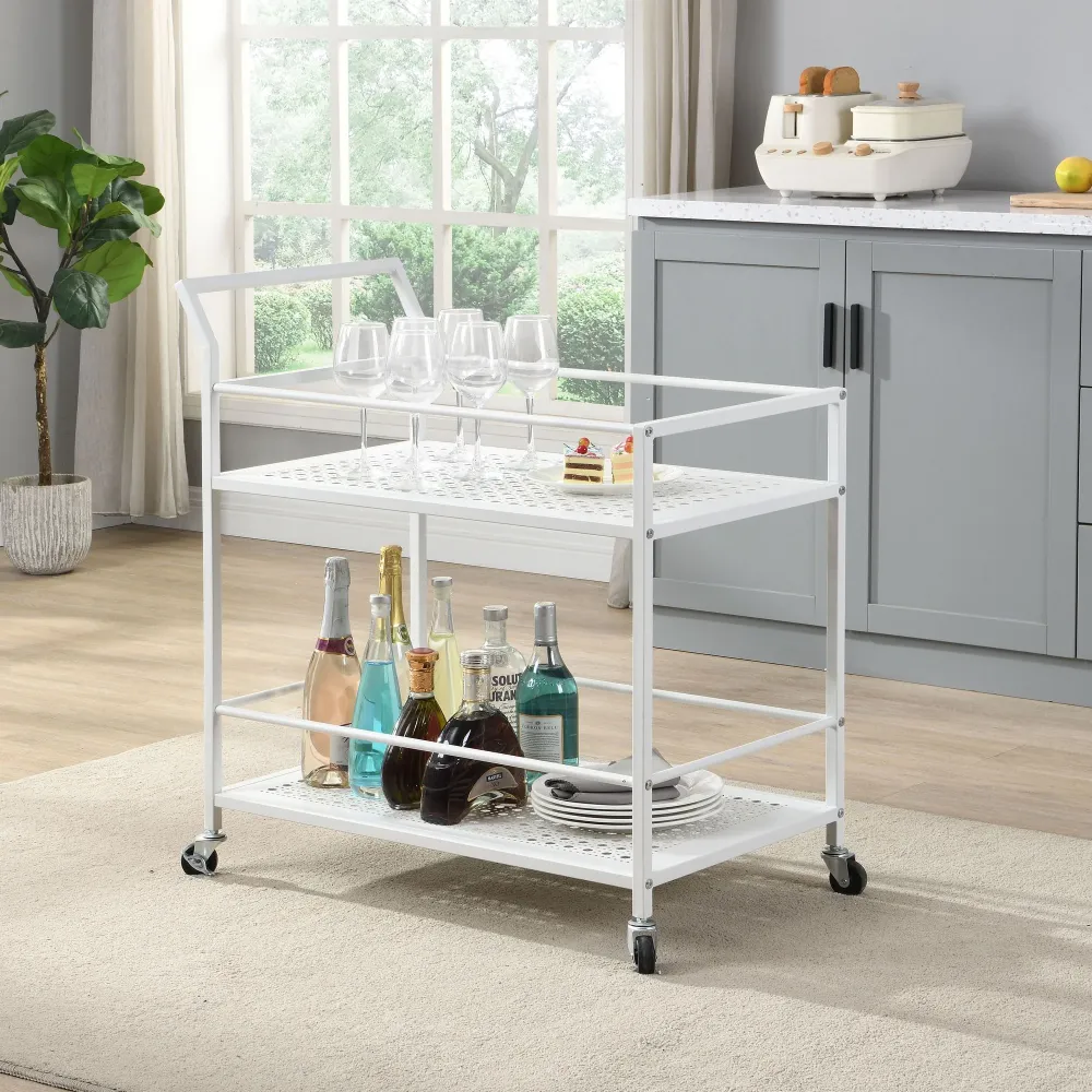 Serveringsvogn i metal, pearl, 79x45x83 cm, med hjul og bremser, køkkenvogn med 2 hylder, barvogn og rullebord, multifunkt...