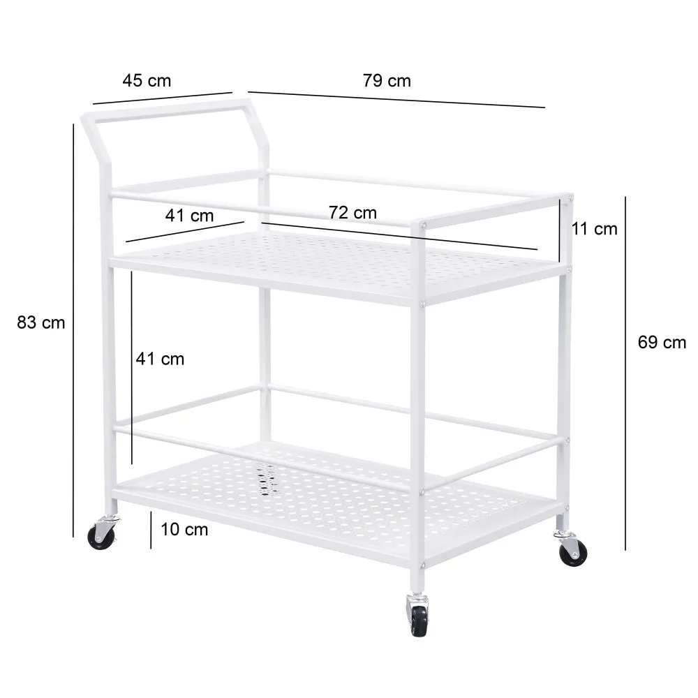 Serveringsvogn i metal, pearl, 79x45x83 cm, med hjul og bremser, køkkenvogn med 2 hylder, barvogn og rullebord, multifunkt...