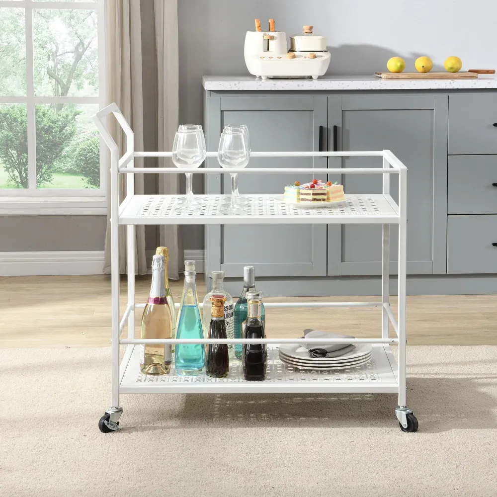 Serveringsvogn i metal, pearl, 79x45x83 cm, med hjul og bremser, køkkenvogn med 2 hylder, barvogn og rullebord, multifunkt...