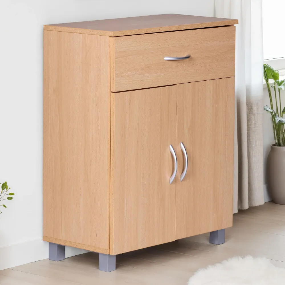 Skænk bøg 60x75x30cm Kommode med skuffe og låger, Lille nuværende skænk brun, Designer træskab, Universalskab med håndtag,...
