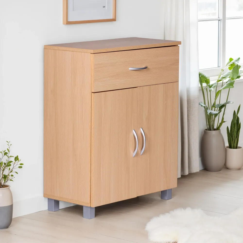 Skænk bøg 60x75x30cm Kommode med skuffe og låger, Lille nuværende skænk brun, Designer træskab, Universalskab med håndtag,...